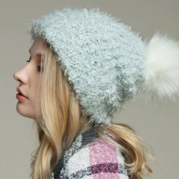 Accessories - Light Blue Eyelash Knit Faux Fur Pom Pom Beanie